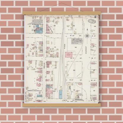 Old map wall art mockup — magnetic wood frame on brick wall — Sanborn Fire Insurance Map from Alton, Madison County, Illinois (1885), Sheet #0002