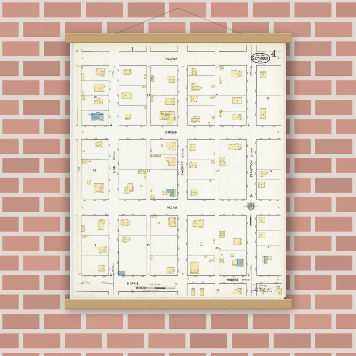 Old map wall art mockup — magnetic wood frame on brick wall — Sanborn Fire Insurance Map from Seymour, Baylor County, Texas (1916), Sheet #0004