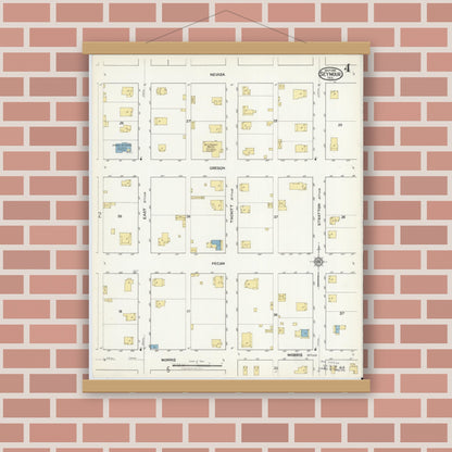 Old map wall art mockup — magnetic wood frame on brick wall — Sanborn Fire Insurance Map from Seymour, Baylor County, Texas (1916), Sheet #0004