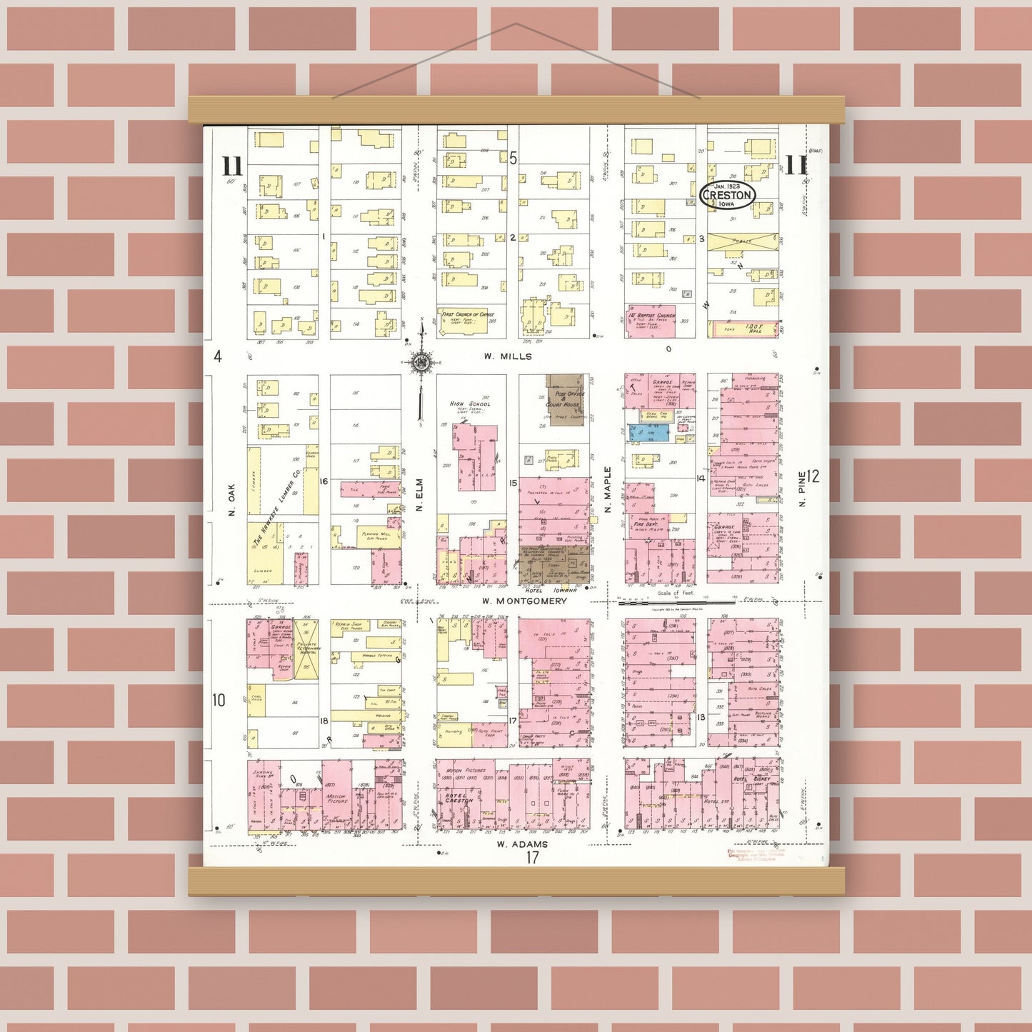 Old map wall art mockup — magnetic wood frame on brick wall — Sanborn Fire Insurance Map from Creston, Union County, Iowa (1923), Sheet #0011