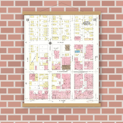 Old map wall art mockup — magnetic wood frame on brick wall — Sanborn Fire Insurance Map from Creston, Union County, Iowa (1923), Sheet #0011