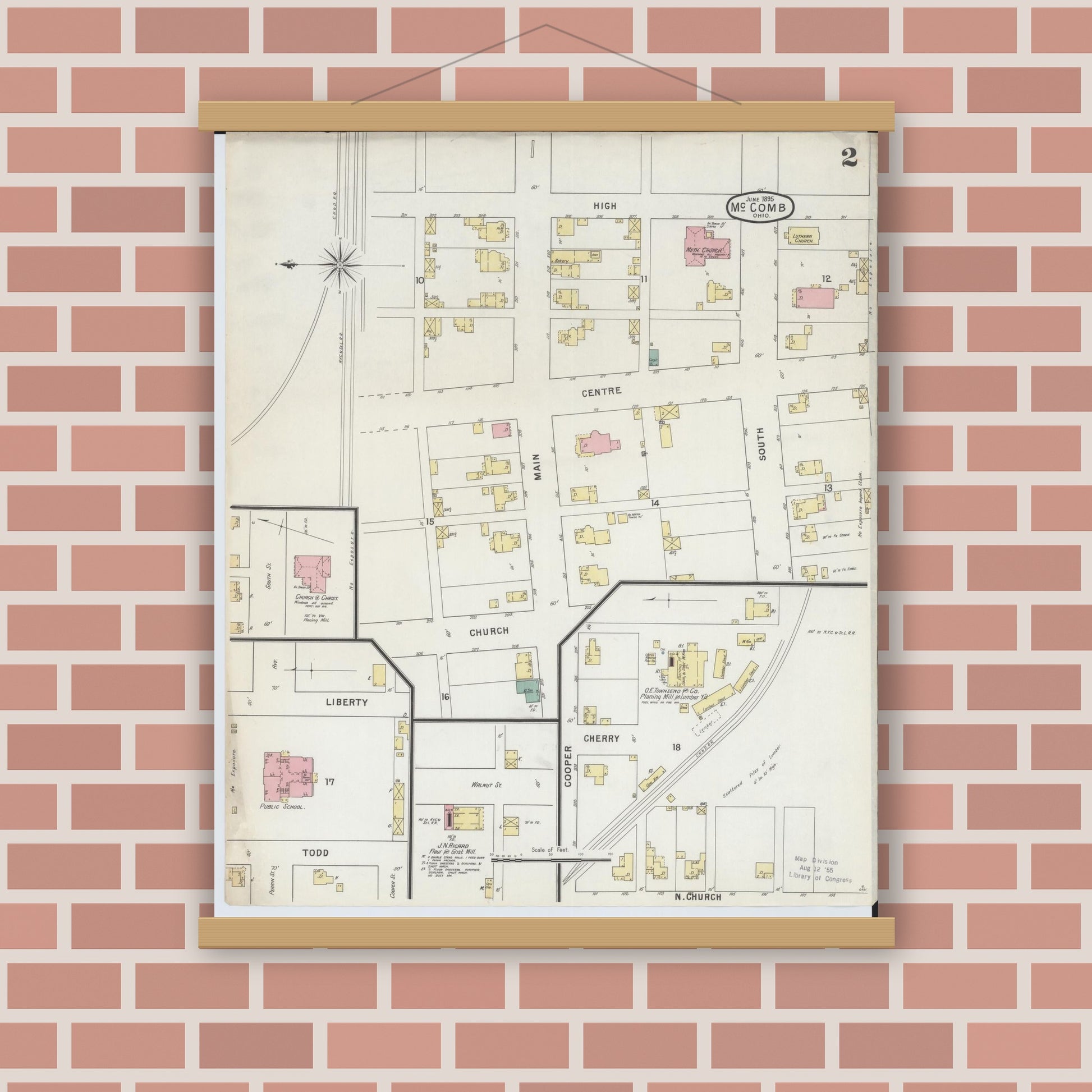 Old map wall art mockup — magnetic wood frame on brick wall — Sanborn Fire Insurance Map from McComb, Hancock County, Ohio (1885), Sheet #0002