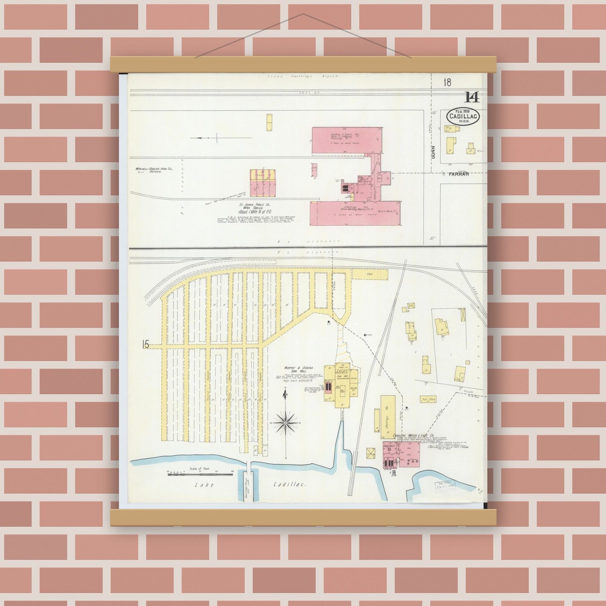Old map wall art mockup — magnetic wood frame on brick wall — Sanborn Fire Insurance Map from Cadillac, Wexford County, Michigan (1906), Sheet #0014