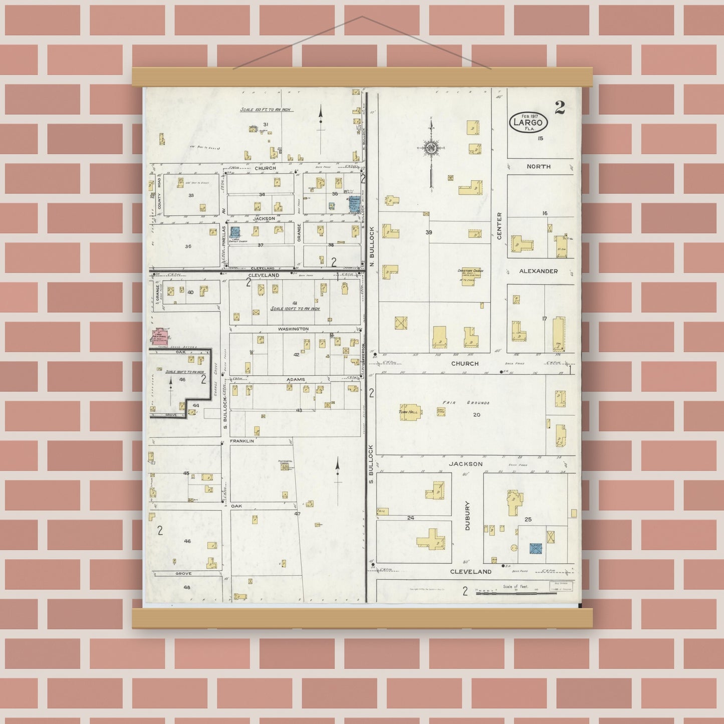 Old map wall art mockup — magnetic wood frame on brick wall — Sanborn Fire Insurance Map from Largo, Pinellas County, Florida (1917), Sheet #0002