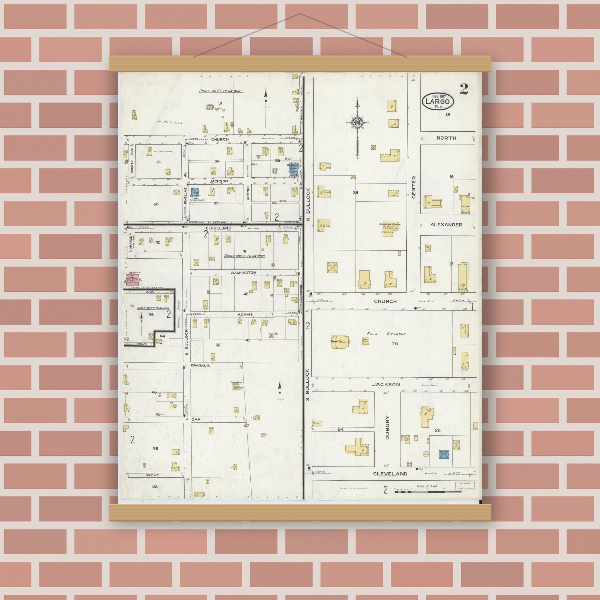 Old map wall art mockup — magnetic wood frame on brick wall — Sanborn Fire Insurance Map from Largo, Pinellas County, Florida (1917), Sheet #0002