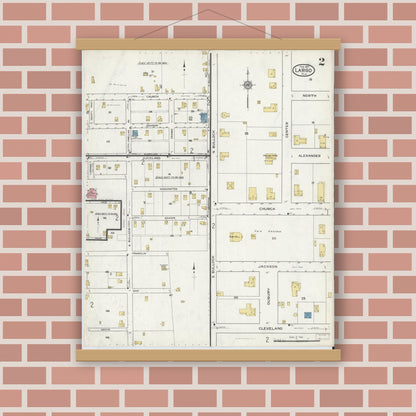 Old map wall art mockup — magnetic wood frame on brick wall — Sanborn Fire Insurance Map from Largo, Pinellas County, Florida (1917), Sheet #0002