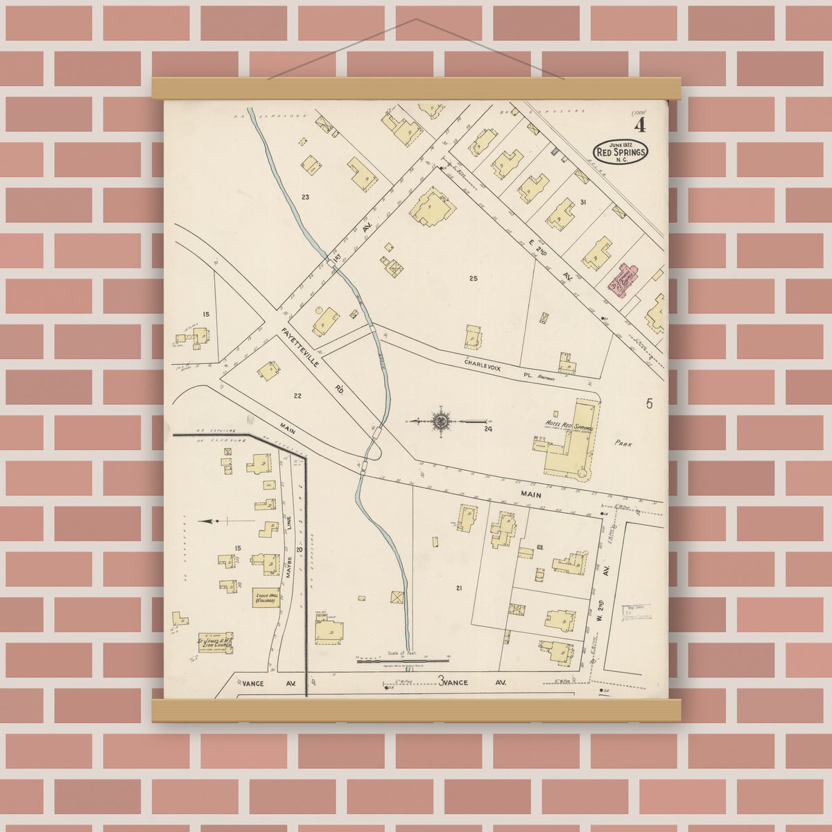 Old map wall art mockup — magnetic wood frame on brick wall — Sanborn Fire Insurance Map from Red Springs, Robeson County, North Carolina (1922), Sheet #0004