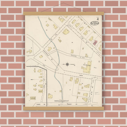 Old map wall art mockup — magnetic wood frame on brick wall — Sanborn Fire Insurance Map from Red Springs, Robeson County, North Carolina (1922), Sheet #0004
