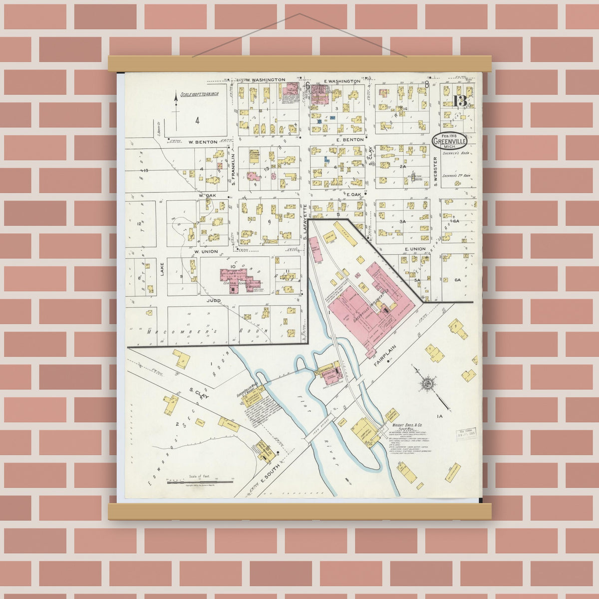 Old map wall art mockup — magnetic wood frame on brick wall — Sanborn Fire Insurance Map from Greenville, Montcalm County, Michigan (1918), Sheet #0013