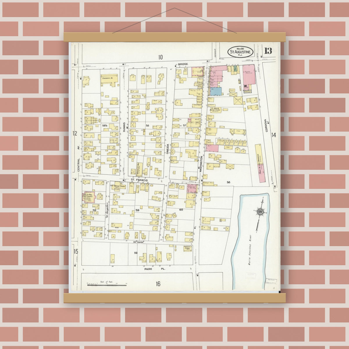 Old map wall art mockup — magnetic wood frame on brick wall — Sanborn Fire Insurance Map from Saint Augustine, Saint John's County, Florida (1910), Sheet #0013