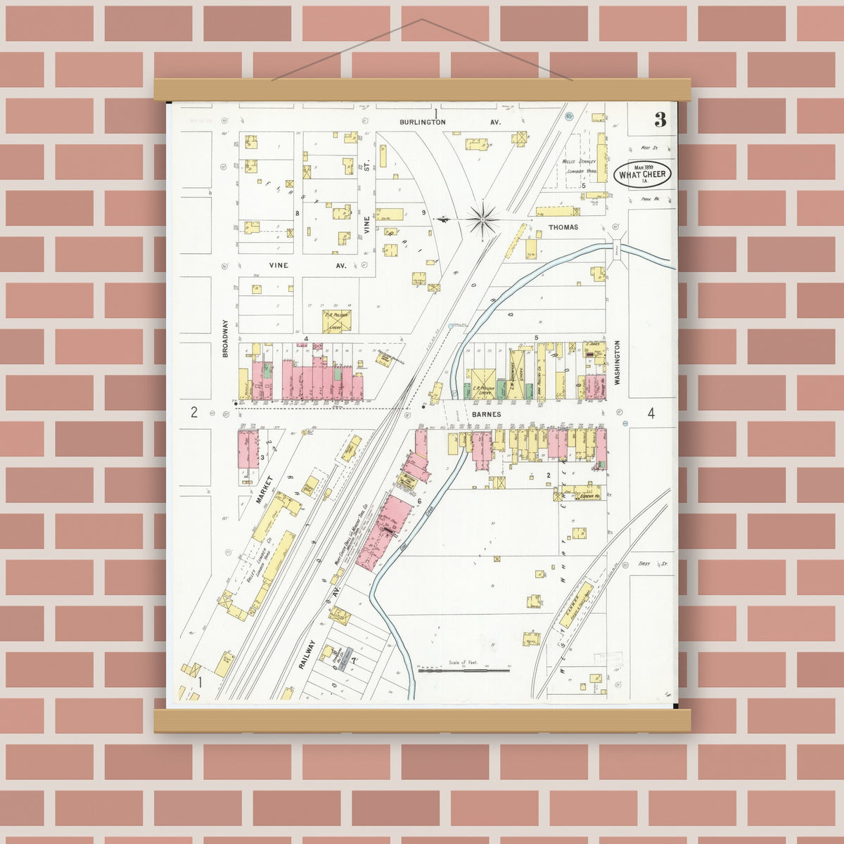 Old map wall art mockup — magnetic wood frame on brick wall — Sanborn Fire Insurance Map from What Cheer, Keokuk County, Iowa (1899), Sheet #0003