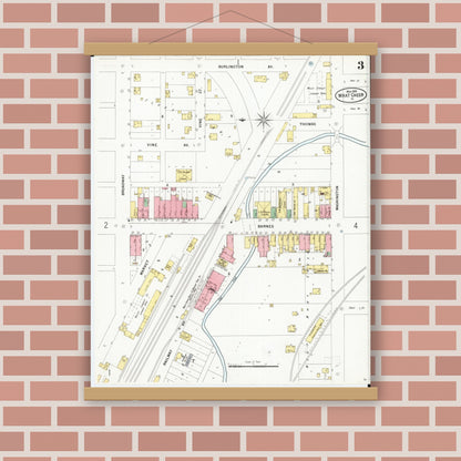 Old map wall art mockup — magnetic wood frame on brick wall — Sanborn Fire Insurance Map from What Cheer, Keokuk County, Iowa (1899), Sheet #0003