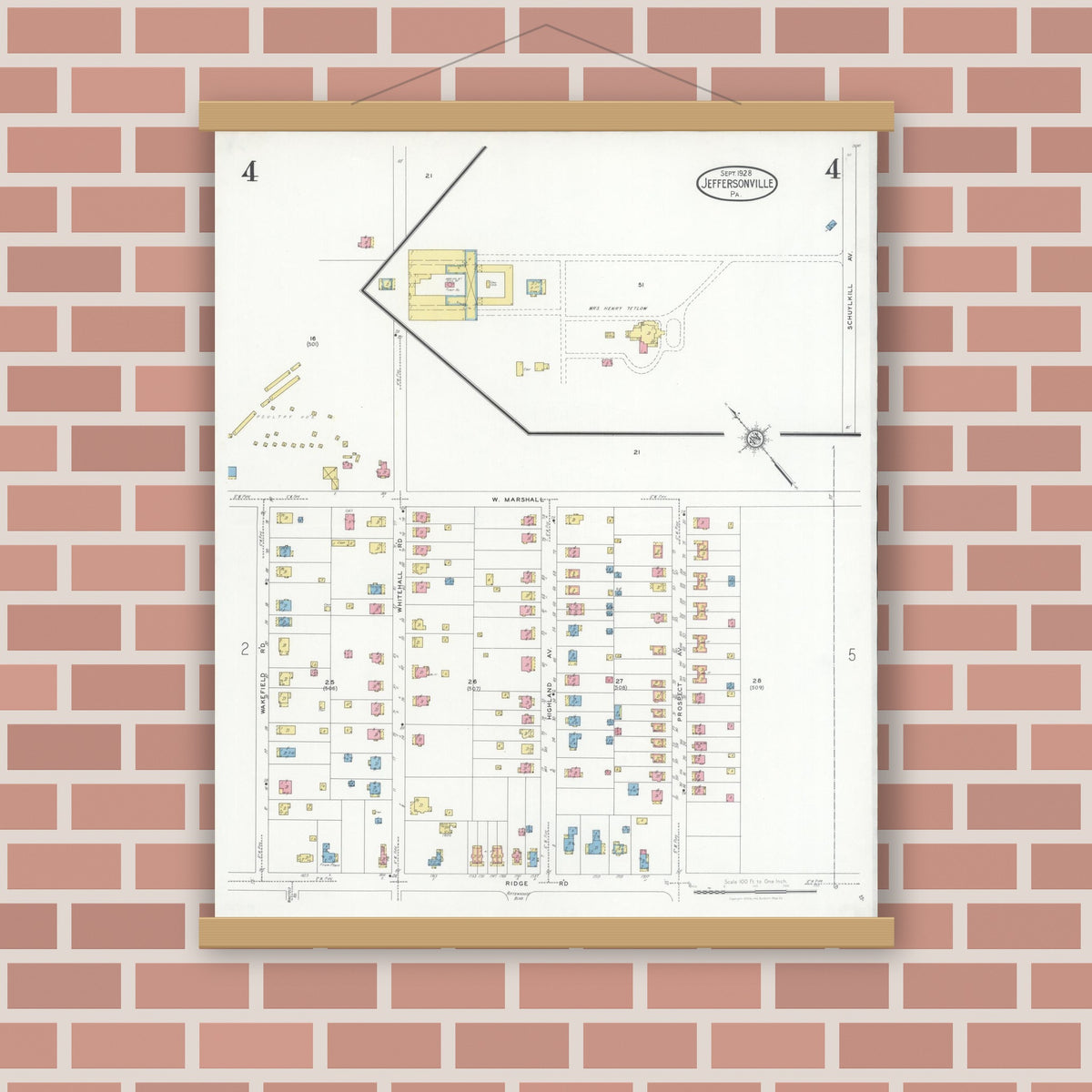 Old map wall art mockup — magnetic wood frame on brick wall — Sanborn Fire Insurance Map from Jeffersonville, Montgomery County, Pennsylvania (1928), Sheet #0004