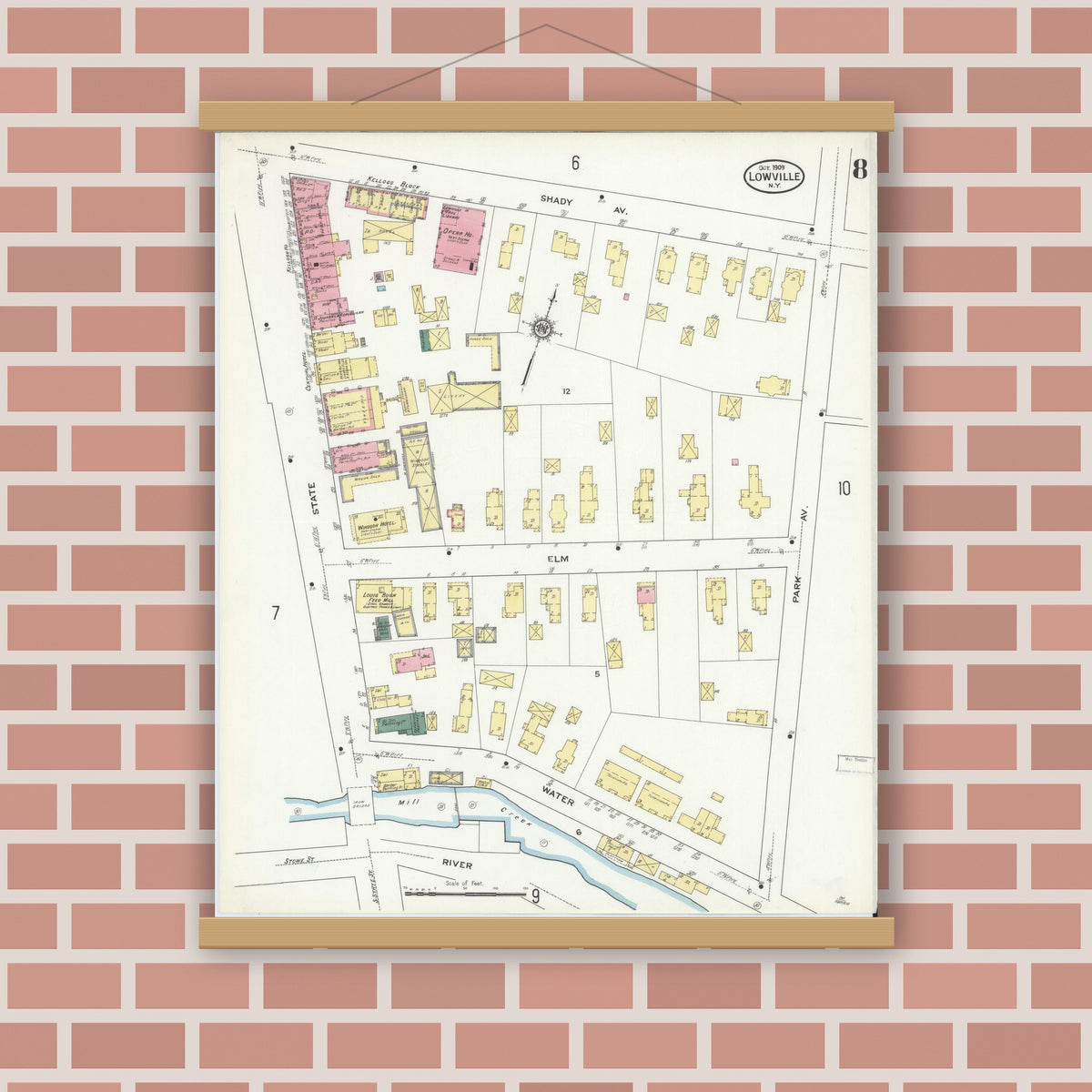 Old map wall art mockup — magnetic wood frame on brick wall — Sanborn Fire Insurance Map from Lowville, Lewis County, New York (1909), Sheet #0008