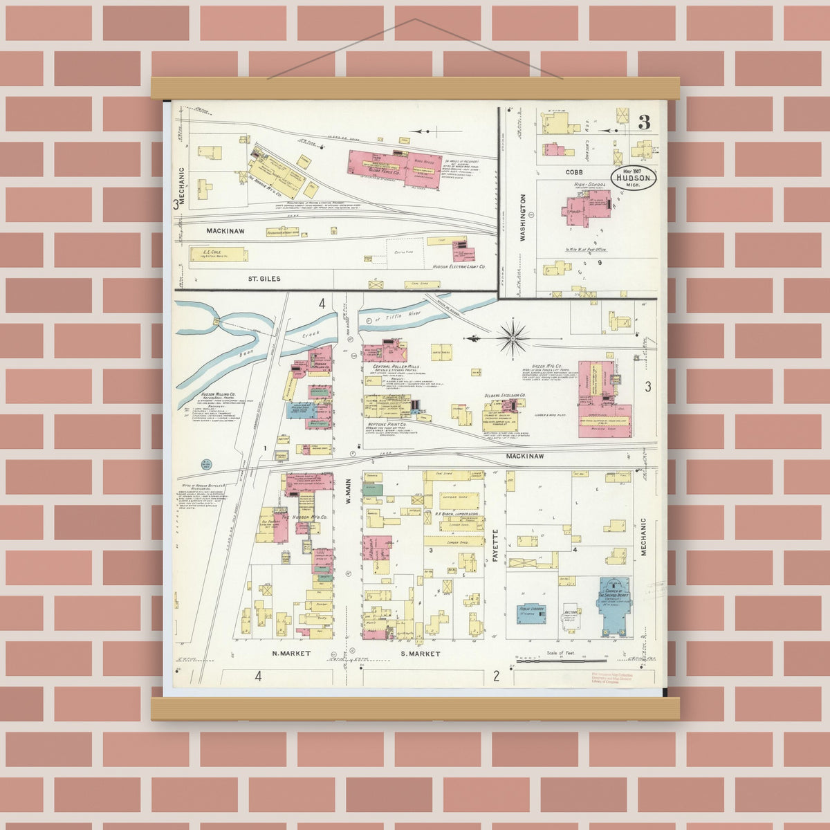 Old map wall art mockup — magnetic wood frame on brick wall — Sanborn Fire Insurance Map from Hudson, Lenawee County, Michigan (1907), Sheet #0003