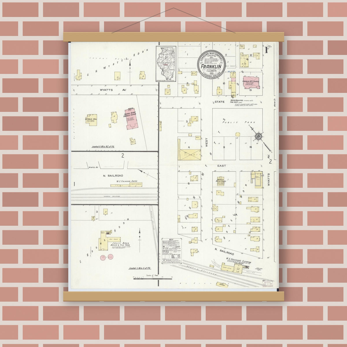 Old map wall art mockup — magnetic wood frame on brick wall — Sanborn Fire Insurance Map from Franklin, Morgan County, Illinois (1914), Sheet #0001