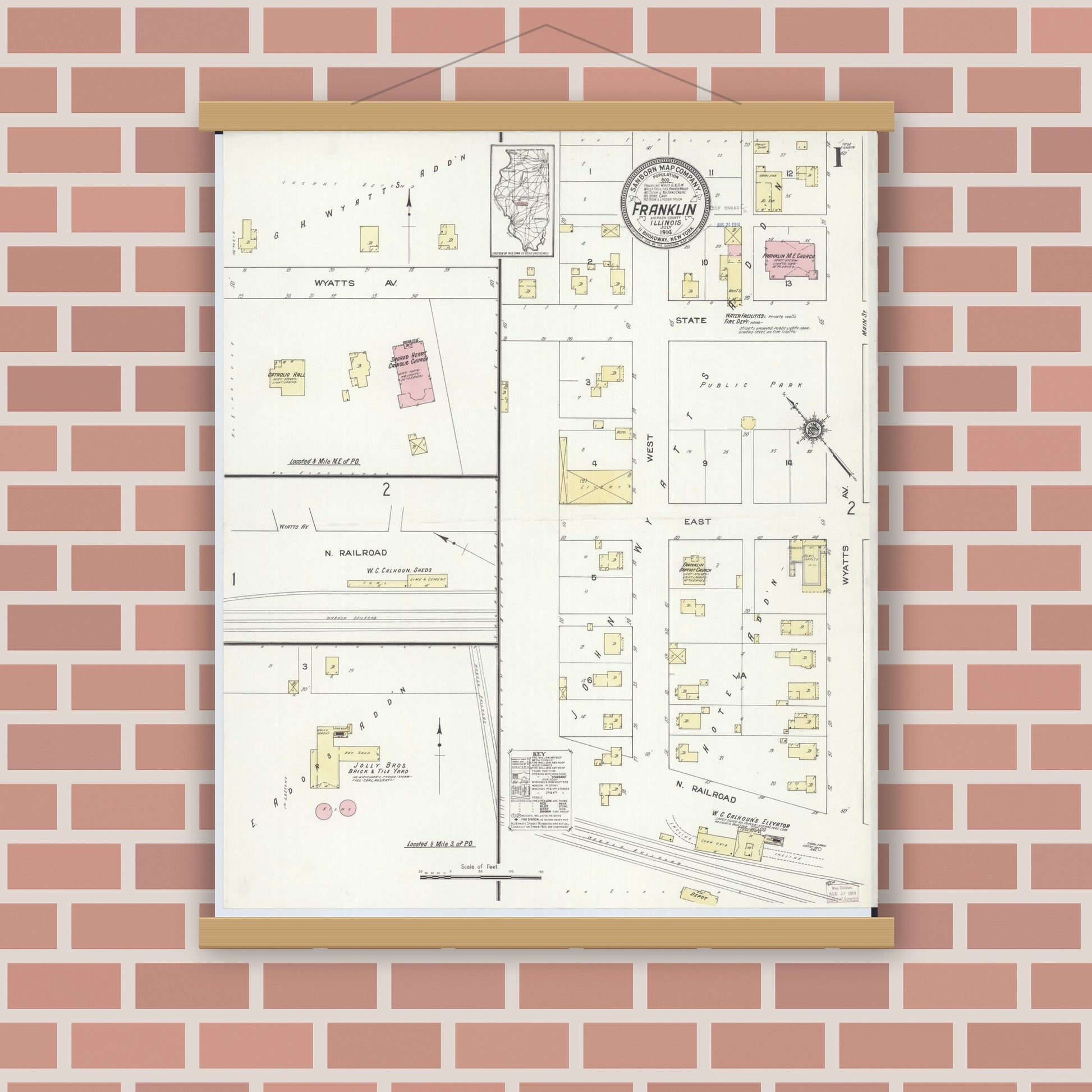 Old map wall art mockup — magnetic wood frame on brick wall — Sanborn Fire Insurance Map from Franklin, Morgan County, Illinois (1914), Sheet #0001