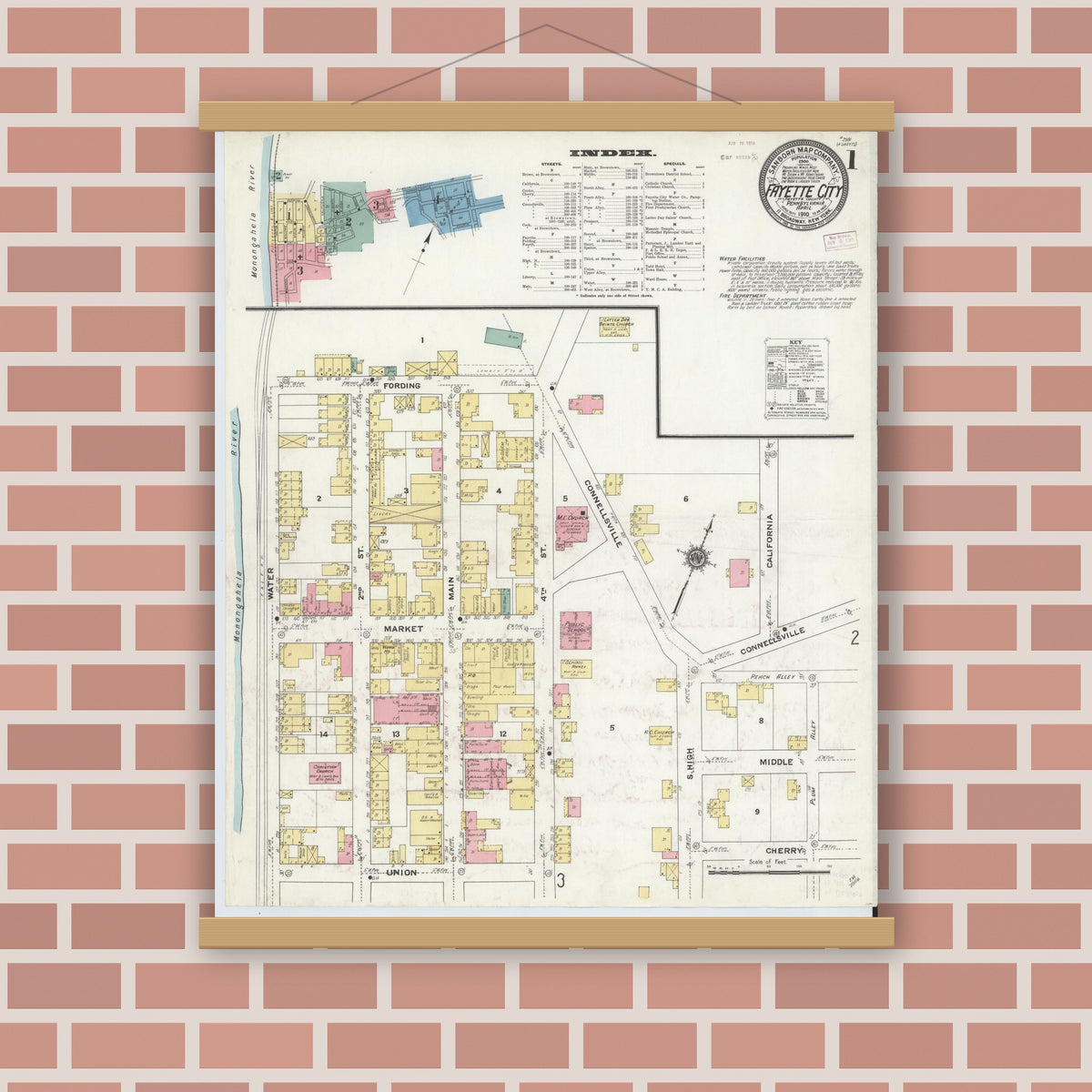Old map wall art mockup — magnetic wood frame on brick wall — Sanborn Fire Insurance Map from Fayette City, Fayette County, Pennsylvania (1910), Sheet #0001