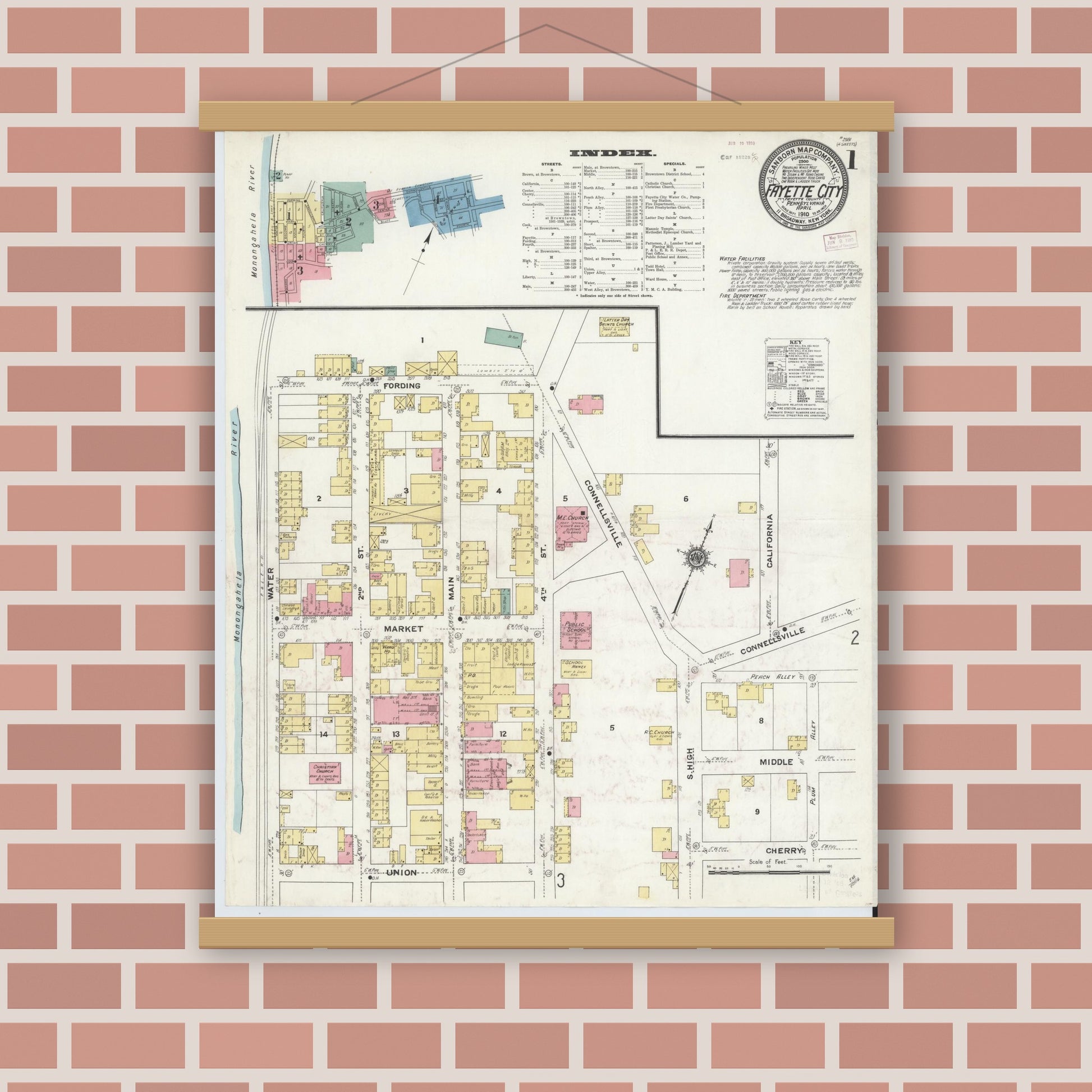 Old map wall art mockup — magnetic wood frame on brick wall — Sanborn Fire Insurance Map from Fayette City, Fayette County, Pennsylvania (1910), Sheet #0001