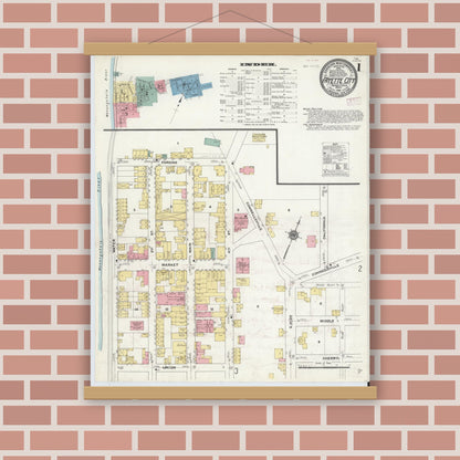 Old map wall art mockup — magnetic wood frame on brick wall — Sanborn Fire Insurance Map from Fayette City, Fayette County, Pennsylvania (1910), Sheet #0001