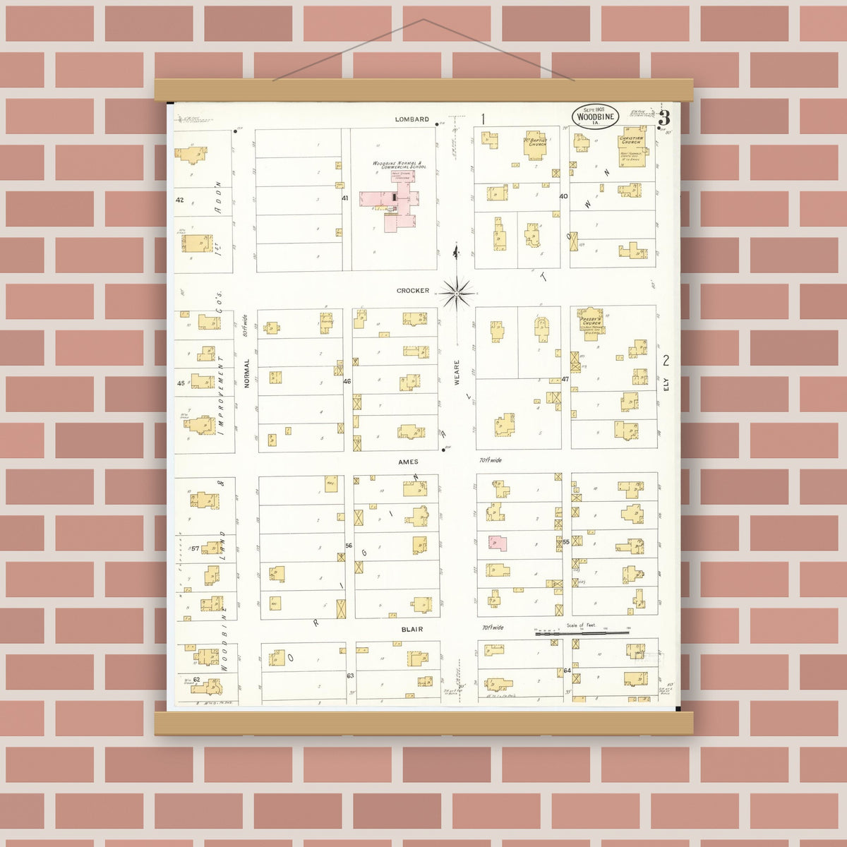Old map wall art mockup — magnetic wood frame on brick wall — Sanborn Fire Insurance Map from Woodbine, Harrison County, Iowa (1908), Sheet #0003