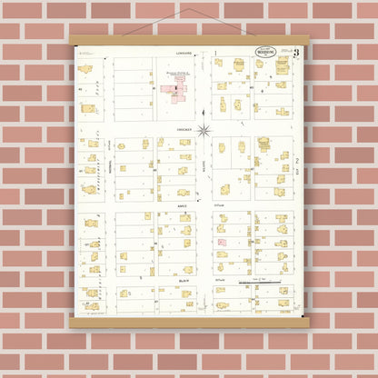 Old map wall art mockup — magnetic wood frame on brick wall — Sanborn Fire Insurance Map from Woodbine, Harrison County, Iowa (1908), Sheet #0003