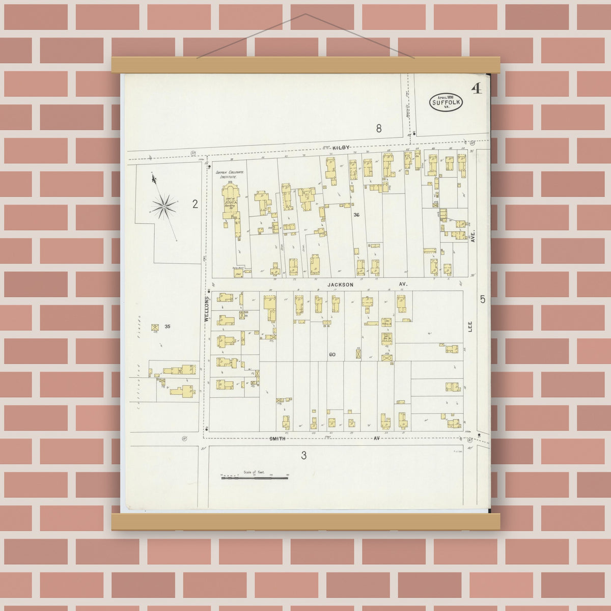 Old map wall art mockup — magnetic wood frame on brick wall — Sanborn Fire Insurance Map from Suffolk, Independent Cities, Virginia (1898), Sheet #0004