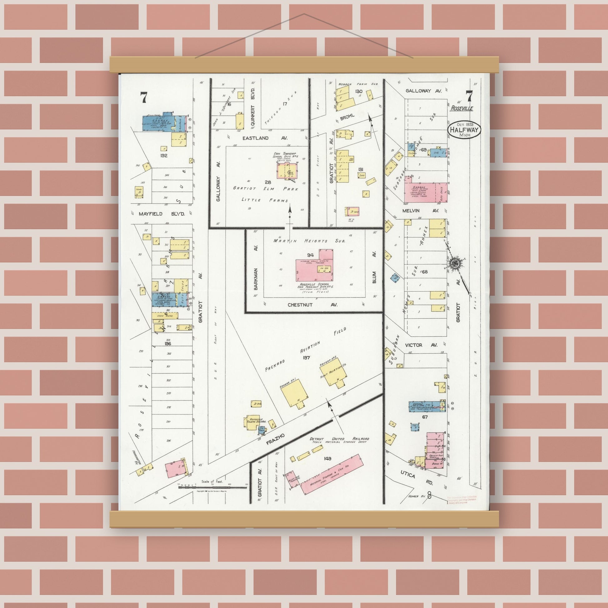 Old map wall art mockup — magnetic wood frame on brick wall — Sanborn Fire Insurance Map from Halfway, Macomb County, Michigan (1925), Sheet #0007