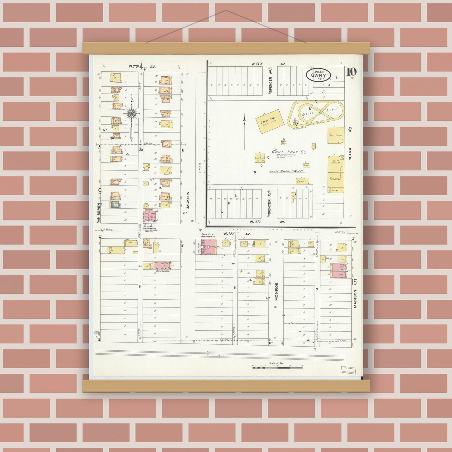 Old map wall art mockup — magnetic wood frame on brick wall — Sanborn Fire Insurance Map from Gary, Lake County, Indiana (1911), Sheet #0010