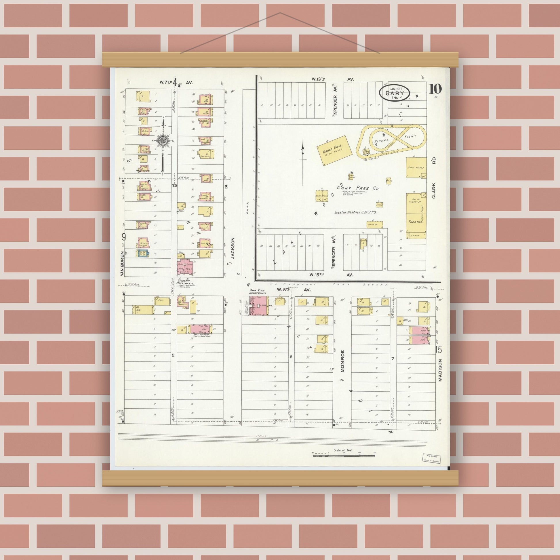 Old map wall art mockup — magnetic wood frame on brick wall — Sanborn Fire Insurance Map from Gary, Lake County, Indiana (1911), Sheet #0010