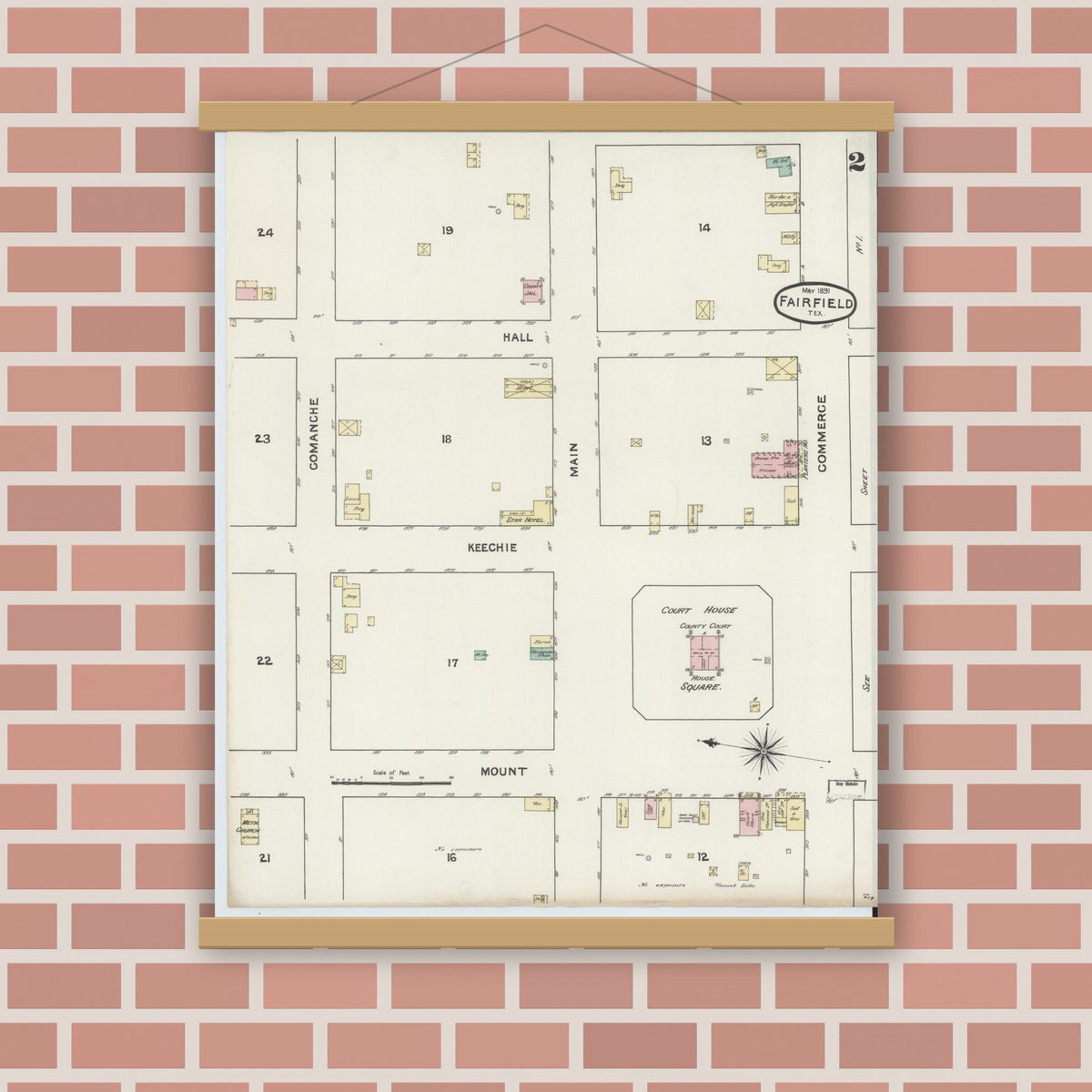 Old map wall art mockup — magnetic wood frame on brick wall — Sanborn Fire Insurance Map from Fairfield, Freestone County, Texas (1891), Sheet #0002