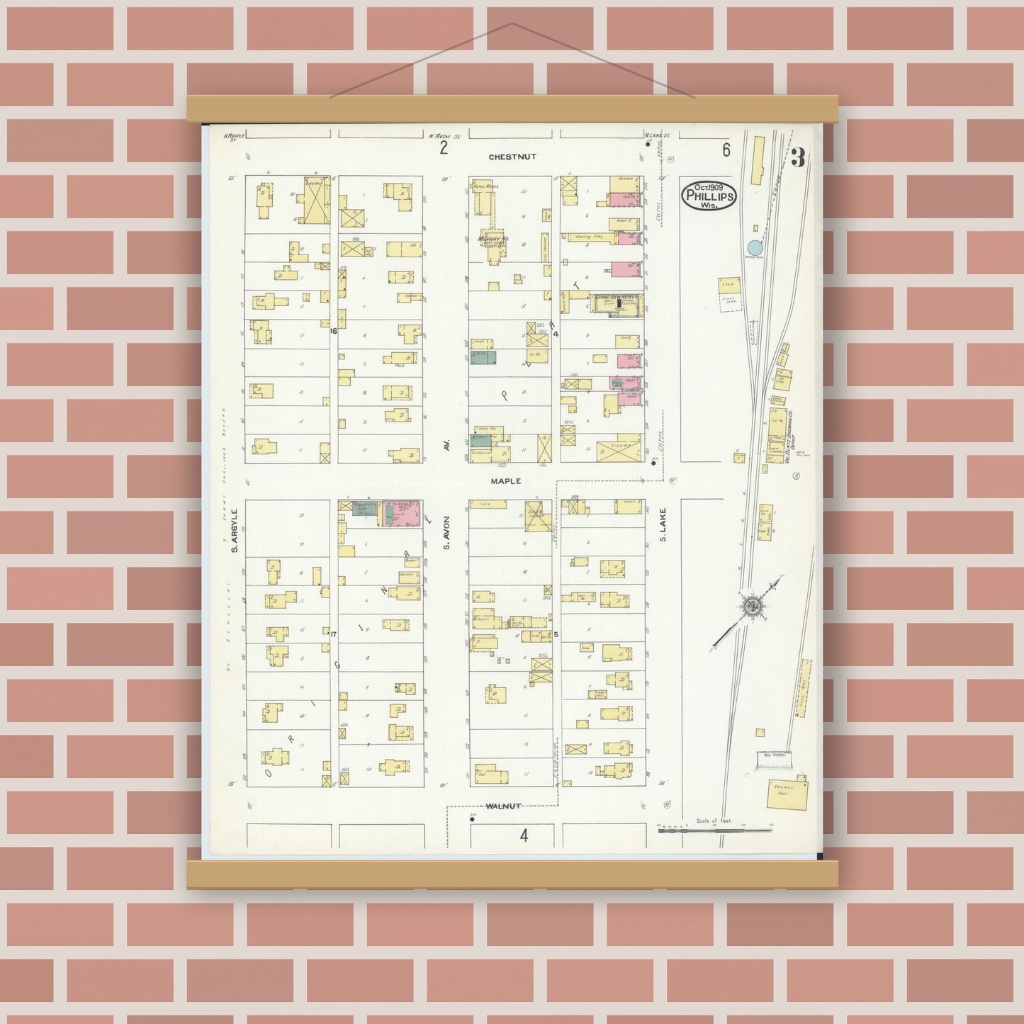 Old map wall art mockup — magnetic wood frame on brick wall — Sanborn Fire Insurance Map from Phillips, Price County, Wisconsin (1909), Sheet #0003