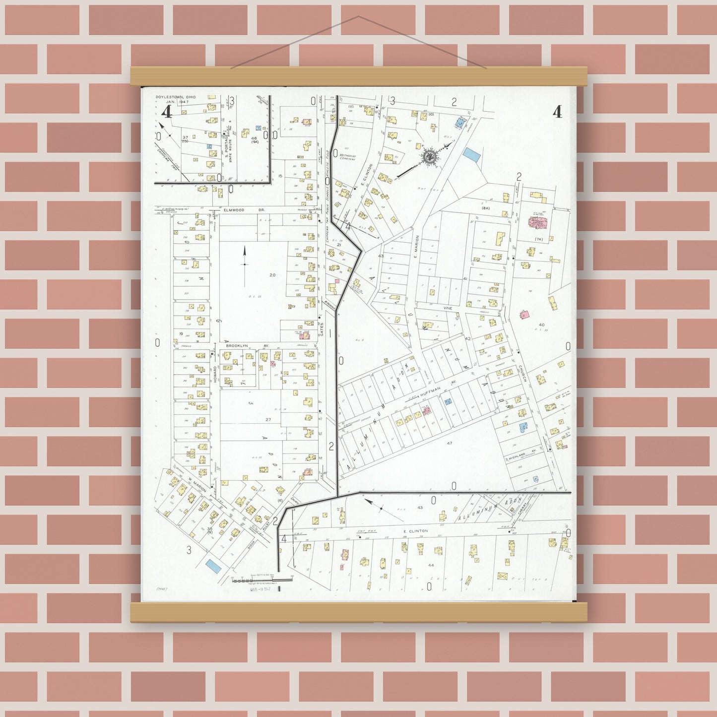 Old map wall art mockup — magnetic wood frame on brick wall — Sanborn Fire Insurance Map from Doylestown, Wayne County, Ohio (1947), Sheet #0004