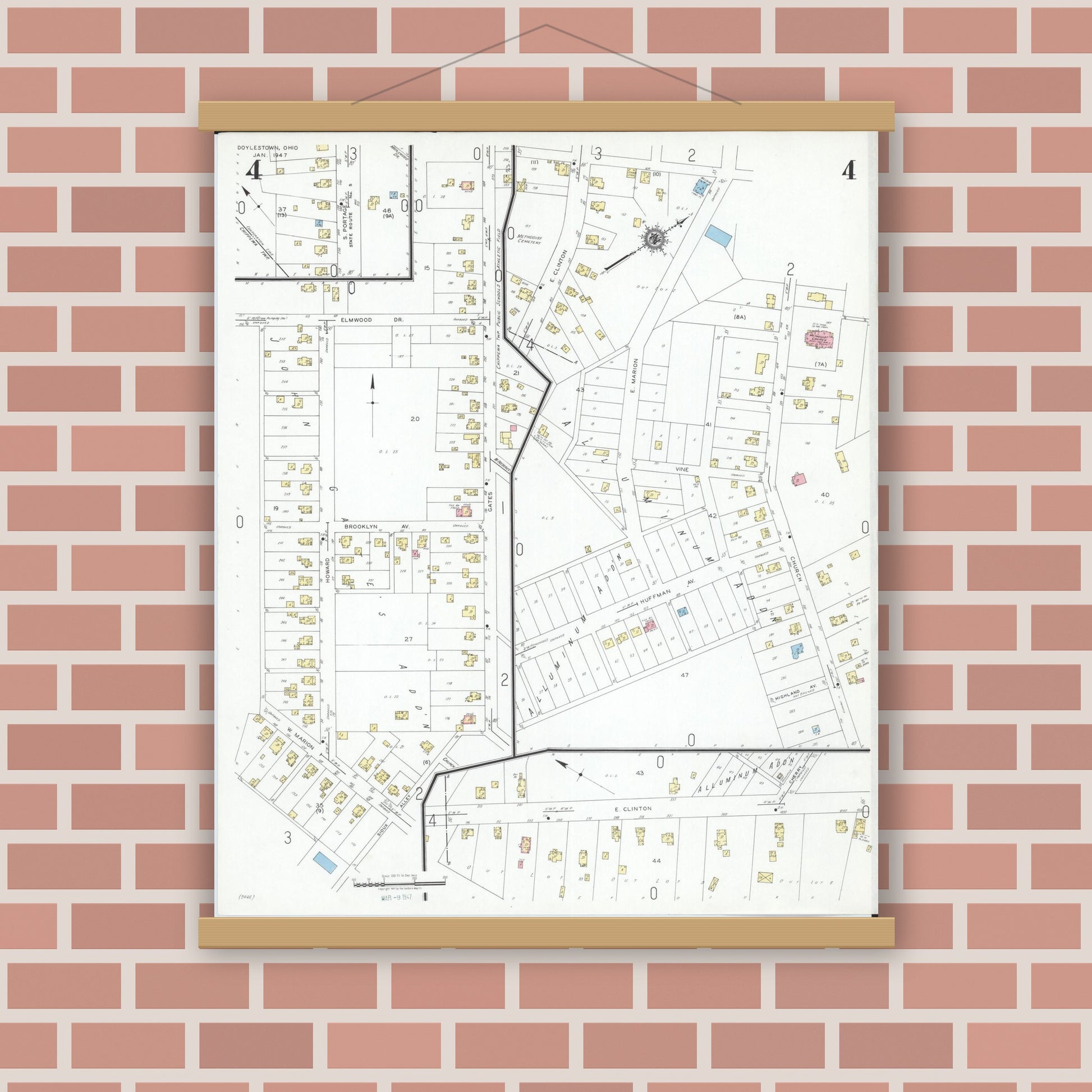 Old map wall art mockup — magnetic wood frame on brick wall — Sanborn Fire Insurance Map from Doylestown, Wayne County, Ohio (1947), Sheet #0004