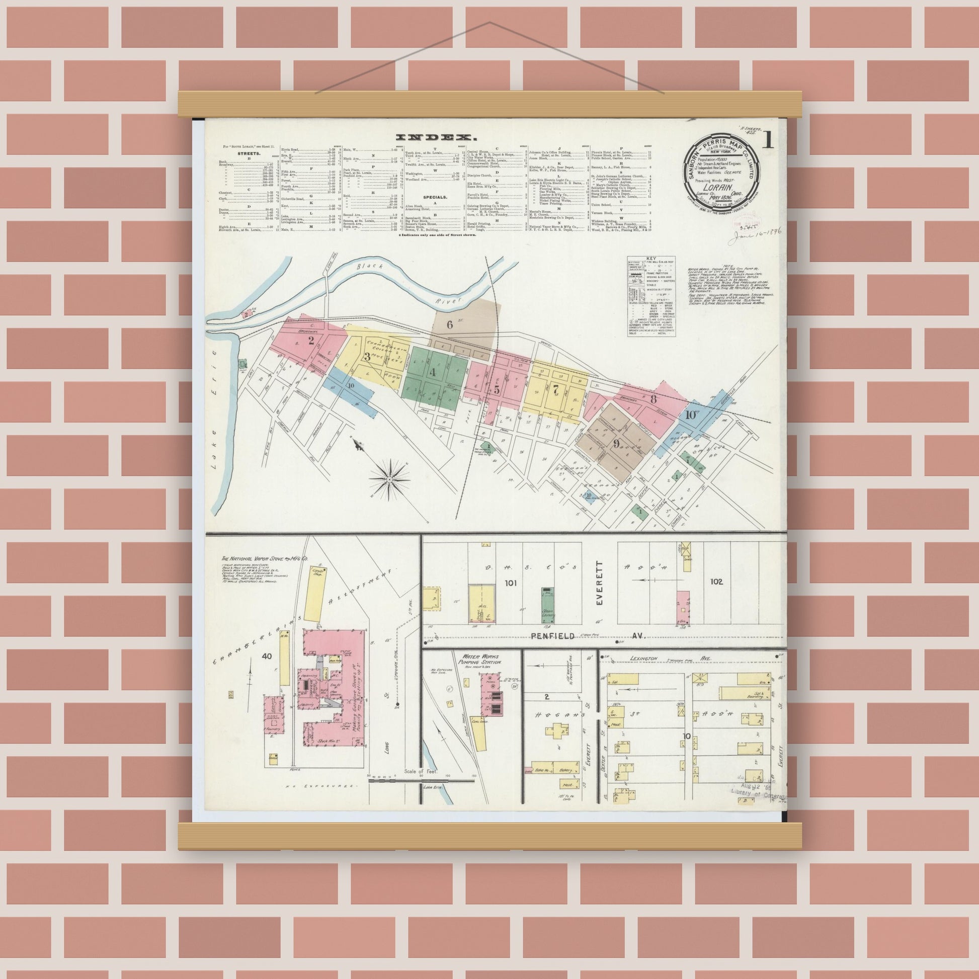 Old map wall art mockup — magnetic wood frame on brick wall — Sanborn Fire Insurance Map from Lorain, Lorain County, Ohio (1896), Sheet #0001