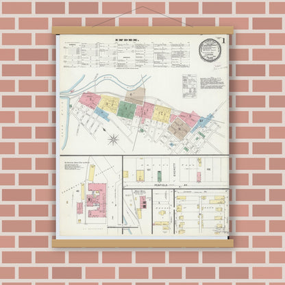 Old map wall art mockup — magnetic wood frame on brick wall — Sanborn Fire Insurance Map from Lorain, Lorain County, Ohio (1896), Sheet #0001