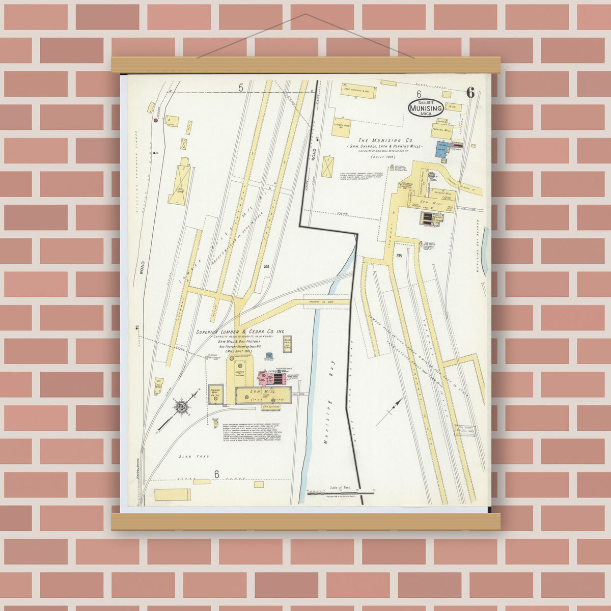 Old map wall art mockup — magnetic wood frame on brick wall — Sanborn Fire Insurance Map from Munising, Alger County, Michigan (1917), Sheet #0006