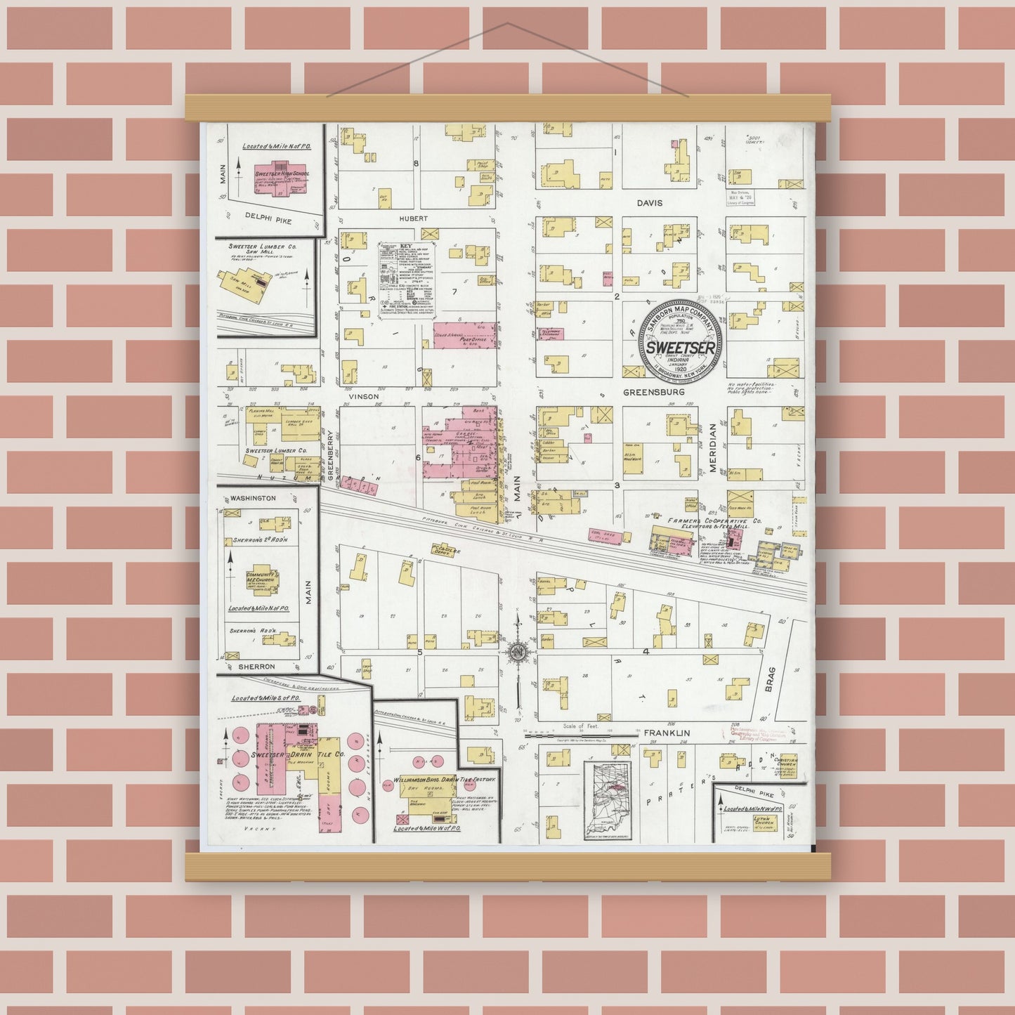 Old map wall art mockup — magnetic wood frame on brick wall — Sanborn Fire Insurance Map from Sweetser, Grant County, Indiana (1920), Sheet #0001