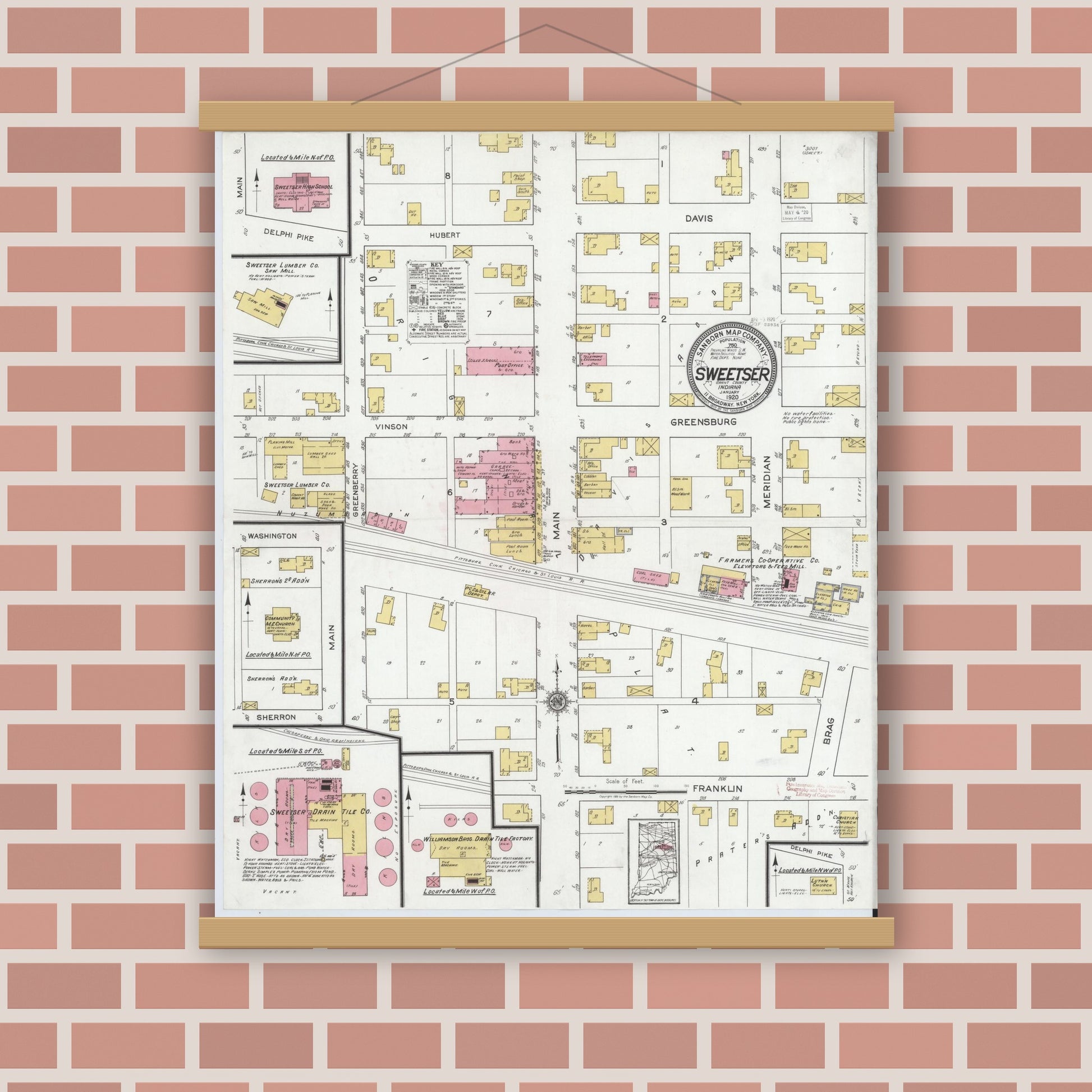 Old map wall art mockup — magnetic wood frame on brick wall — Sanborn Fire Insurance Map from Sweetser, Grant County, Indiana (1920), Sheet #0001
