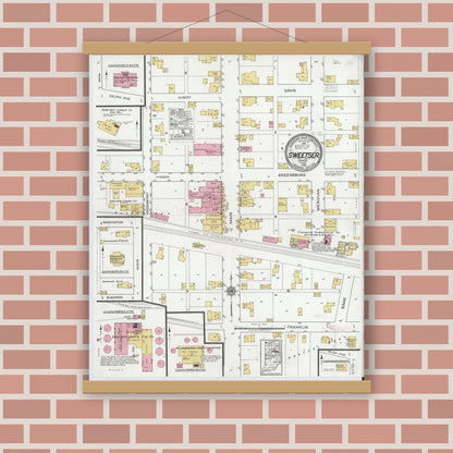 Old map wall art mockup — magnetic wood frame on brick wall — Sanborn Fire Insurance Map from Sweetser, Grant County, Indiana (1920), Sheet #0001