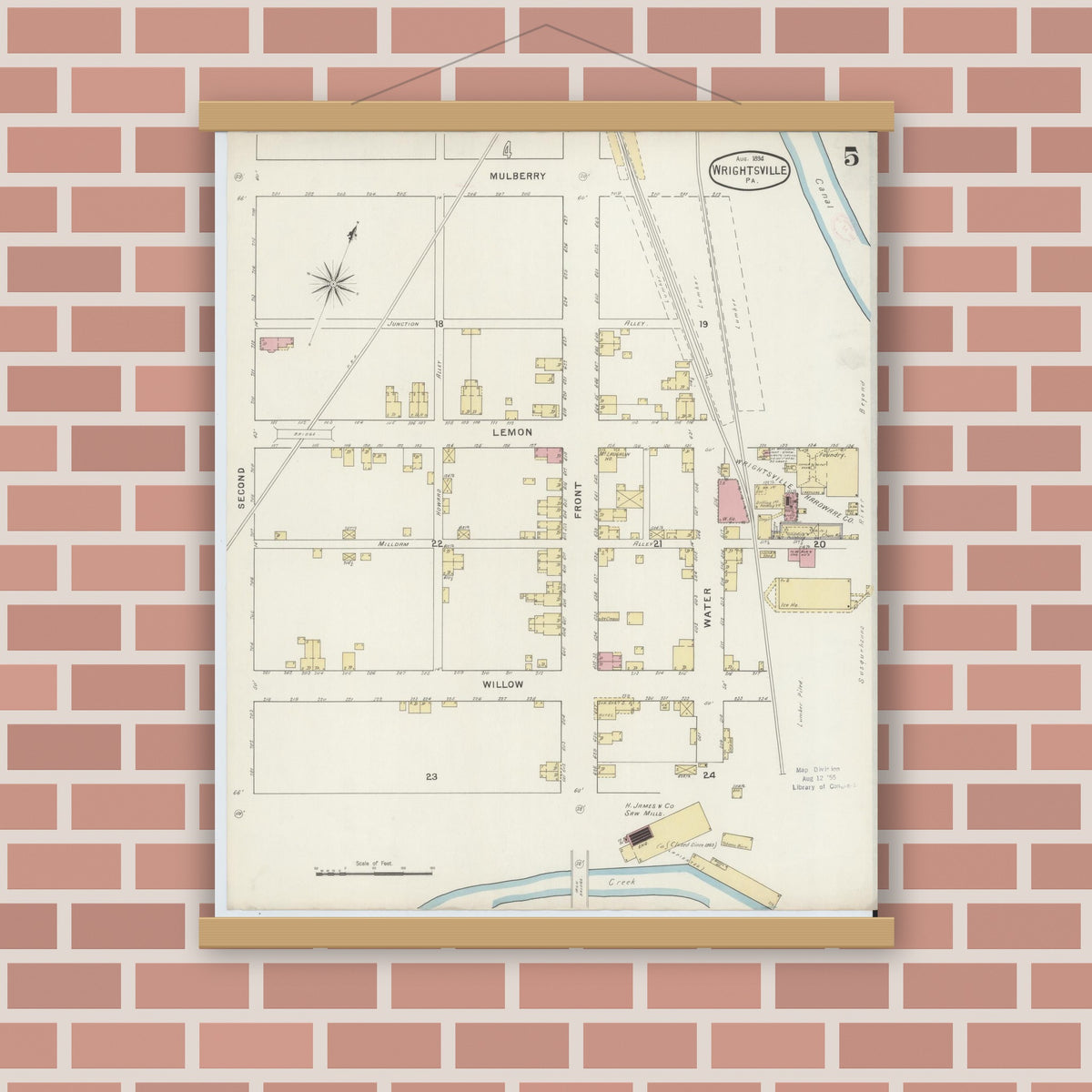 Old map wall art mockup — magnetic wood frame on brick wall — Sanborn Fire Insurance Map from Wrightsville, York County, Pennsylvania (1894), Sheet #0005