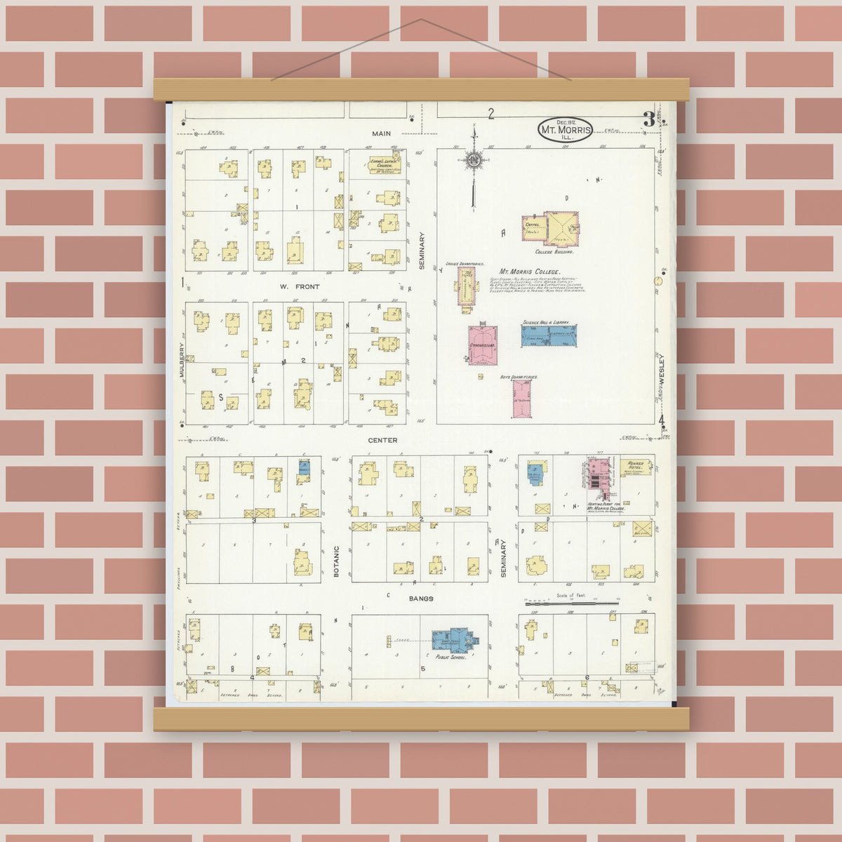 Old map wall art mockup — magnetic wood frame on brick wall — Sanborn Fire Insurance Map from Mount Morris, Ogle County, Illinois (1912), Sheet #0003