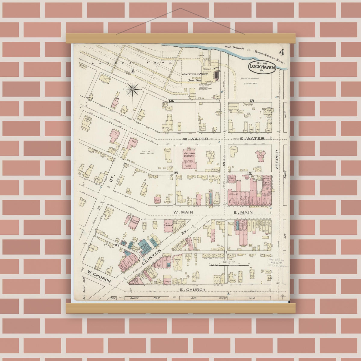 Old map wall art mockup — magnetic wood frame on brick wall — Sanborn Fire Insurance Map from Lock Haven, Clinton County, Pennsylvania (1885), Sheet #0004