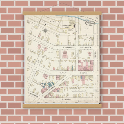 Old map wall art mockup — magnetic wood frame on brick wall — Sanborn Fire Insurance Map from Lock Haven, Clinton County, Pennsylvania (1885), Sheet #0004