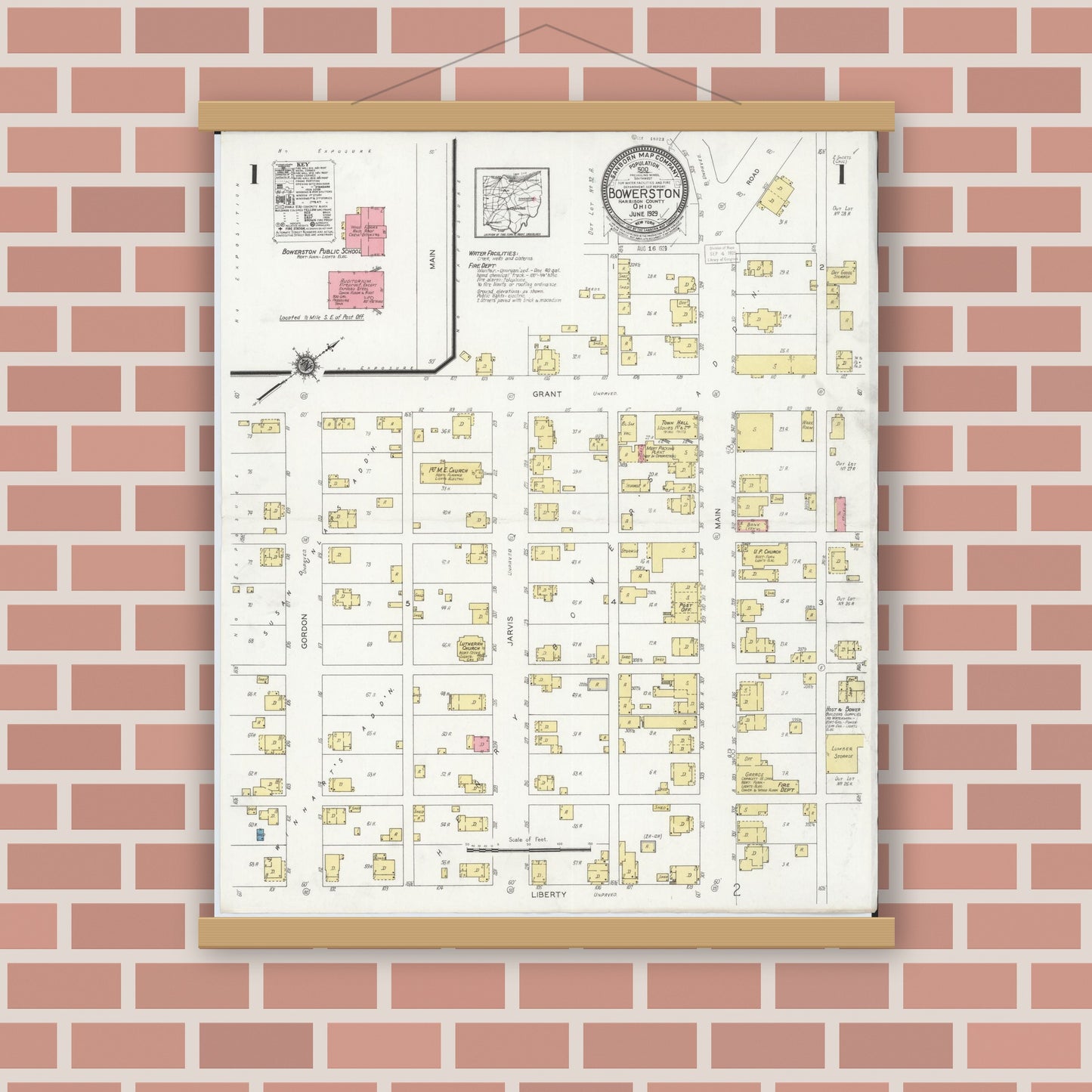 Old map wall art mockup — magnetic wood frame on brick wall — Sanborn Fire Insurance Map from Bowerston, Harrison County, Ohio (1929) - Complete Map Set