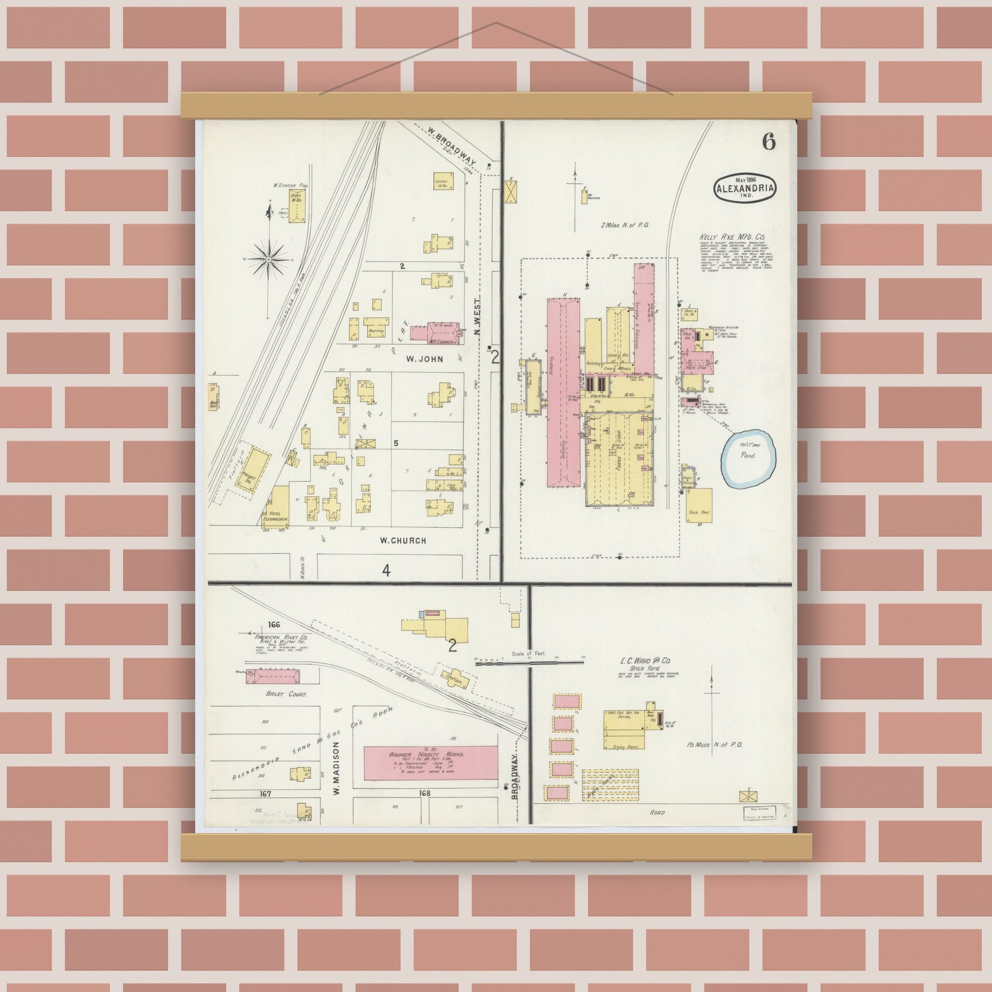 Old map wall art mockup — magnetic wood frame on brick wall — Sanborn Fire Insurance Map from Alexandria, Madison County, Indiana (1896), Sheet #0006