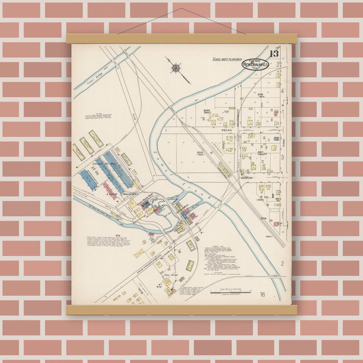 Old map wall art mockup — magnetic wood frame on brick wall — Sanborn Fire Insurance Map from New Braunfels, Comal County, Texas (1922), Sheet #0013