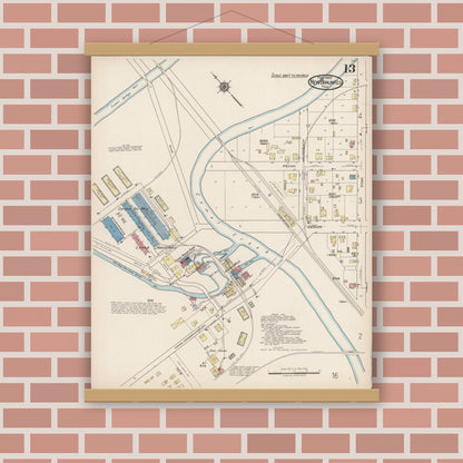 Old map wall art mockup — magnetic wood frame on brick wall — Sanborn Fire Insurance Map from New Braunfels, Comal County, Texas (1922), Sheet #0013