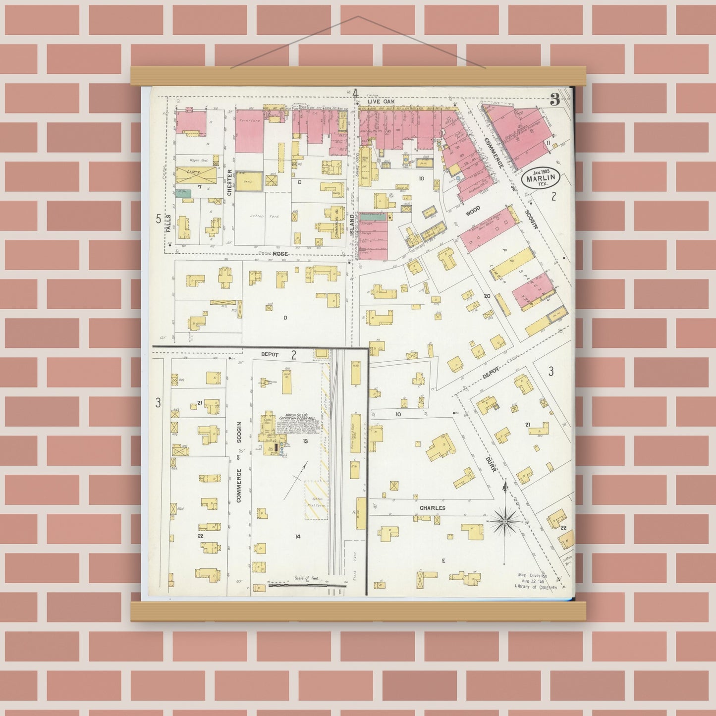 Old map wall art mockup — magnetic wood frame on brick wall — Sanborn Fire Insurance Map from Marlin, Falls County, Texas (1903), Sheet #0003