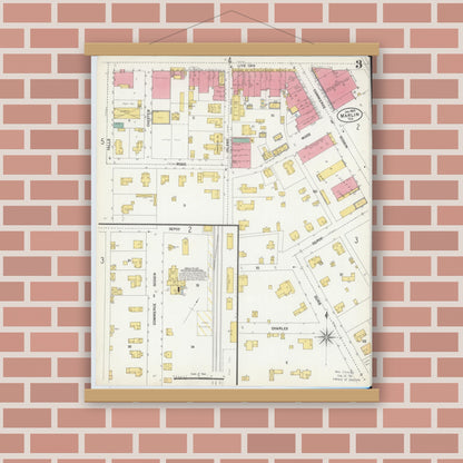 Old map wall art mockup — magnetic wood frame on brick wall — Sanborn Fire Insurance Map from Marlin, Falls County, Texas (1903), Sheet #0003